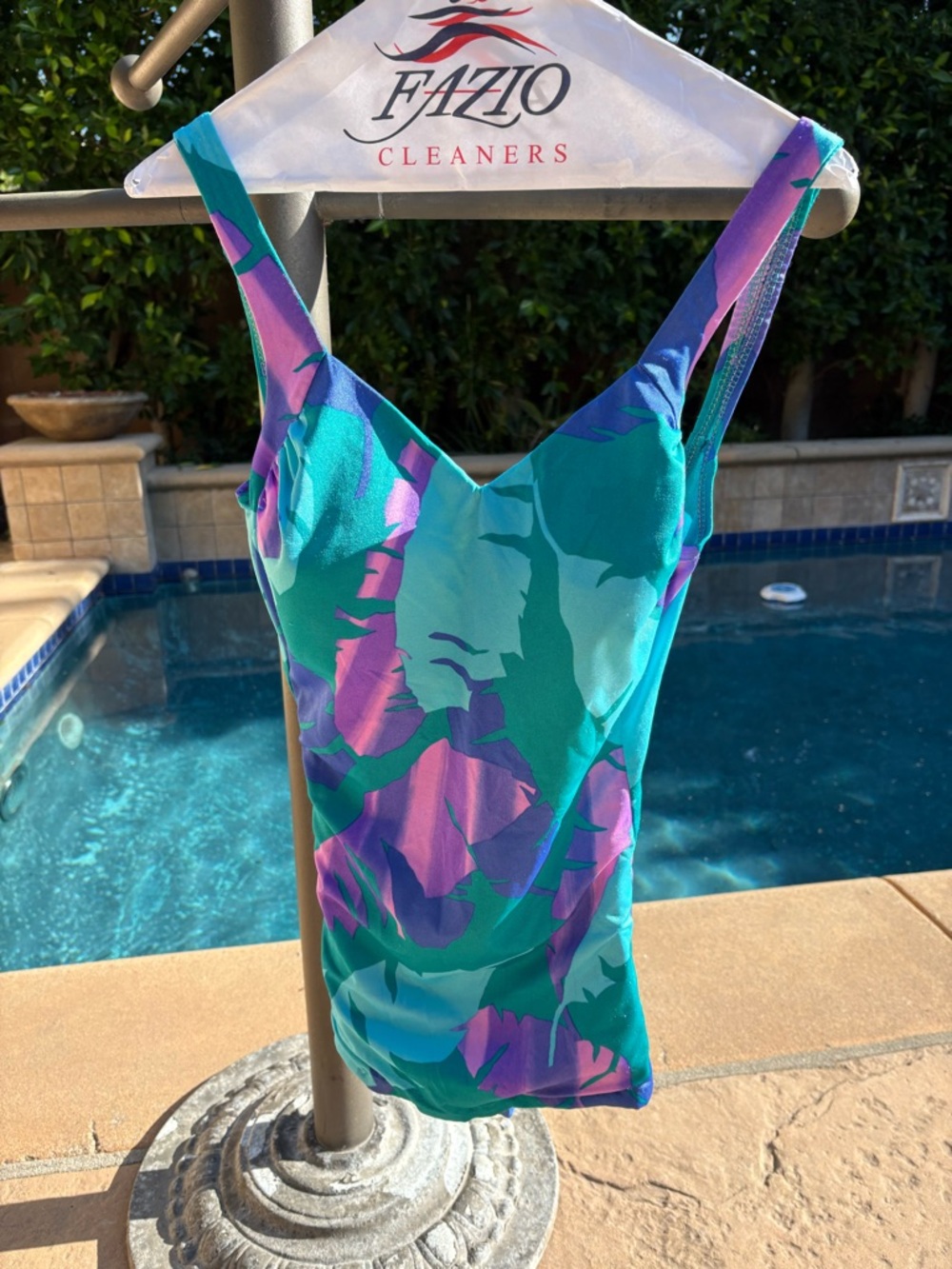 Vintage Roxanne Teal, Green, Blue, Purple & Pink One Piece Swim Suit, Size 12